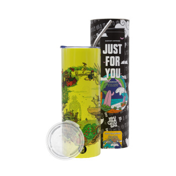 Στούδιο Γκίβλι, Neon Yellow Travel Tumbler θερμό, μεταλλικό καλαμάκι(Ανωξείδωτο 304 Food grade, BPA free, 600ml)