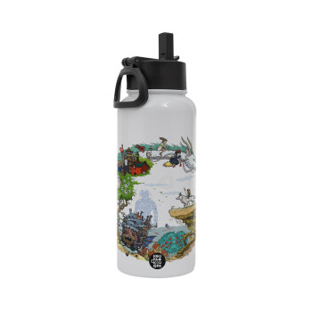 Στούδιο Γκίβλι, Μεταλλικό παγούρι θερμός Λευκό με καλαμάκι και χερούλι (Stainless steel), διπλού τοιχώματος, 950ml