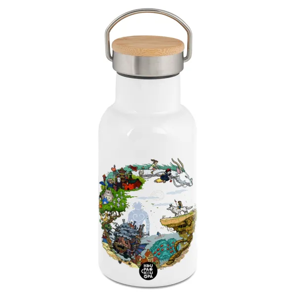 Στούδιο Γκίβλι — Metallic thermos (Stainless steel) White with wooden lid (bamboo), double-walled, 350ml