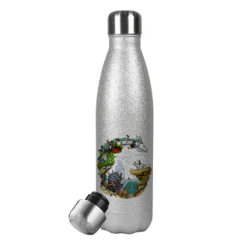 Στούδιο Γκίβλι, Metallic Glitter Silver Thermos Flask (Stainless steel), double-walled, 500ml