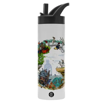 Στούδιο Γκίβλι, Metallic thermos bottle with straw & handle, stainless steel (Stainless steel 304), double-walled, 600ml.