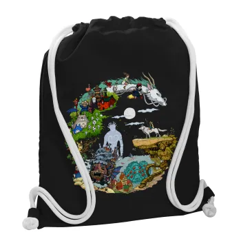 Στούδιο Γκίβλι, Τσάντα πλάτης πουγκί GYMBAG Μαύρη, με τσέπη (40x48cm) & χονδρά λευκά κορδόνια