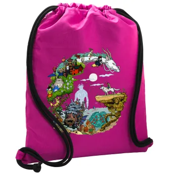 Στούδιο Γκίβλι, Τσάντα πλάτης πουγκί GYMBAG Φούξια, με τσέπη (40x48cm) & χονδρά κορδόνια