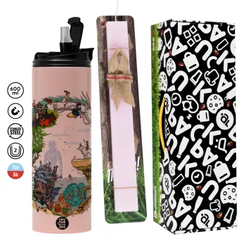 Στούδιο Γκίβλι, Πασχαλινή Λαμπάδα με  ΡΟΖ Travel Tumbler θερμό (600ml, BPA free) & κερί αρωματικό πλακέ (30cm) (ΡΟΖ)