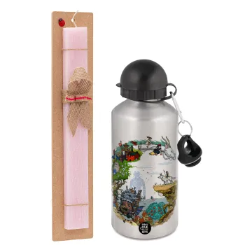 Στούδιο Γκίβλι, Easter Set, metallic Silver aluminum water bottle (500ml) & scented flat Easter candle (30cm) (PINK)