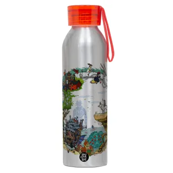 Στούδιο Γκίβλι, Αλουμινένιο Αθλητικό Μπουκάλι 650ml – Ασημί με Κόκκινο Καπάκι και Λουράκι Σιλικόνης