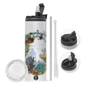 Στούδιο Γκίβλι, Travel Tumbler θερμό με διπλό καπάκι, μεταλλικό καλαμάκι και βούρτσα καθαρισμού (Ανωξείδωτο 304 Food grade, BPA free, 600ml)
