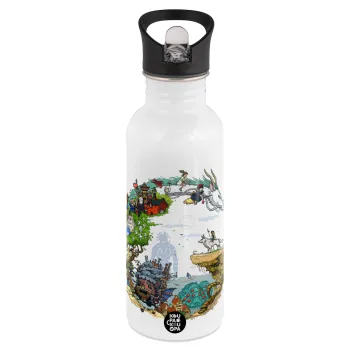 Στούδιο Γκίβλι, White water bottle with straw, stainless steel 600ml