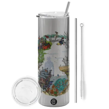 Στούδιο Γκίβλι, Tumbler ποτήρι θερμό Ασημένιο από ανοξείδωτο ατσάλι 600ml, με μεταλλικό καλαμάκι & βούρτσα καθαρισμού