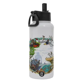 Στούδιο Γκίβλι, Μεταλλικό παγούρι θερμός Λευκό με καλαμάκι και χερούλι (Stainless steel), διπλού τοιχώματος, 950ml