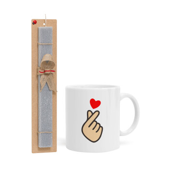 Korean Finger Heart, Πασχαλινή Λαμπάδα με Κούπα κεραμική (330ml) & κερί αρωματικό πλακέ (30cm) (ΓΚΡΙ)