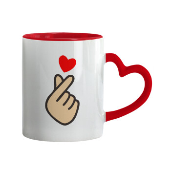Korean Finger Heart, Κούπα καρδιά χερούλι κόκκινη, κεραμική, 330ml