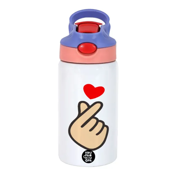 Korean Finger Heart — Παιδικό παγούρι θερμό, ανοξείδωτο, με καλαμάκι ασφαλείας, ροζ/μωβ (350ml)