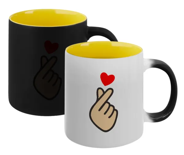 Korean Finger Heart — Κούπα Μαγική εσωτερικό κίτρινη, κεραμική 330ml που αλλάζει χρώμα με το ζεστό ρόφημα
