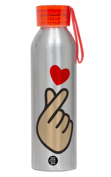 Korean Finger Heart — Αλουμινένιο Αθλητικό Μπουκάλι 650ml – Ασημί με Κόκκινο Καπάκι και Λουράκι Σιλικόνης