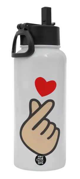 Korean Finger Heart — Metal mug thermo White with Straw and Spout Lid (Stainless steel), double wall, 950ml