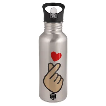 Korean Finger Heart, Παγούρι νερού Ασημένιο με καλαμάκι, ανοξείδωτο ατσάλι 600ml