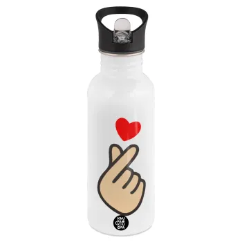 Korean Finger Heart, Παγούρι νερού Λευκό με καλαμάκι, ανοξείδωτο ατσάλι 600ml