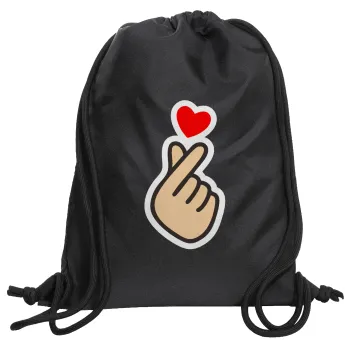 Korean Finger Heart, Τσάντα πλάτης πουγκί GYMBAG Μαύρη, με τσέπη (40x48cm) & χονδρά κορδόνια