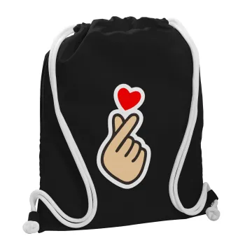 Korean Finger Heart, Τσάντα πλάτης πουγκί GYMBAG Μαύρη, με τσέπη (40x48cm) & χονδρά λευκά κορδόνια