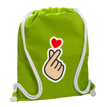 Korean Finger Heart, Backpack bag GYMBAG LIME GREEN, with pocket (40x48cm) & thick cords