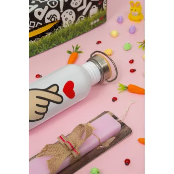 Korean Finger Heart, Πασχαλινή Λαμπάδα με παγούρι μεταλλικό (620ml, stainless steel) & κερί αρωματικό πλακέ (30cm) (ΡΟΖ)