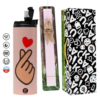 Korean Finger Heart, Easter candle,Travel Tumbler 2 Lids, with metal straw & cleaning brush & aromatic flat candle (30cm) (PINK)
