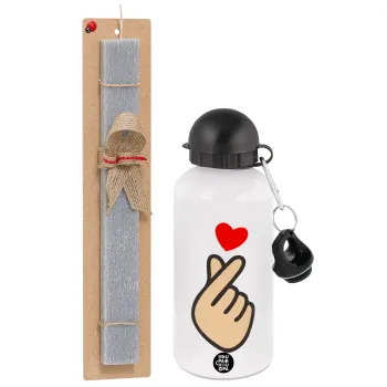 Korean Finger Heart, Πασχαλινή Λαμπάδα με παγούρι μεταλλικό  αλουμινίου (500ml) & κερί αρωματικό πλακέ (30cm) (ΓΚΡΙ)