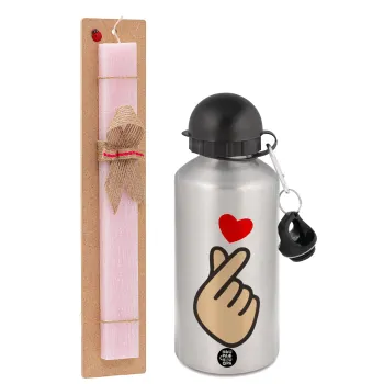 Korean Finger Heart, Easter Set, metallic Silver aluminum water bottle (500ml) & scented flat Easter candle (30cm) (PINK)