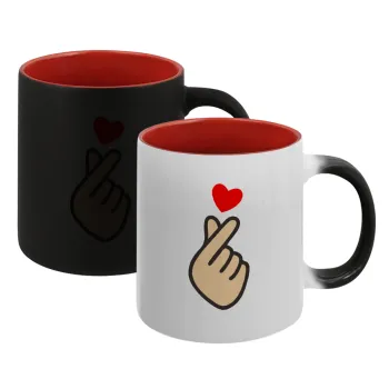 Korean Finger Heart, Κούπα Μαγική εσωτερικό κόκκινο, κεραμική, 330ml που αλλάζει χρώμα με το ζεστό ρόφημα