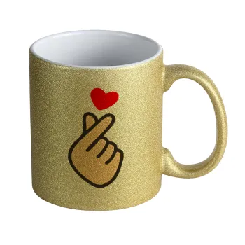Korean Finger Heart, Κούπα Χρυσή Glitter που γυαλίζει, κεραμική, 330ml