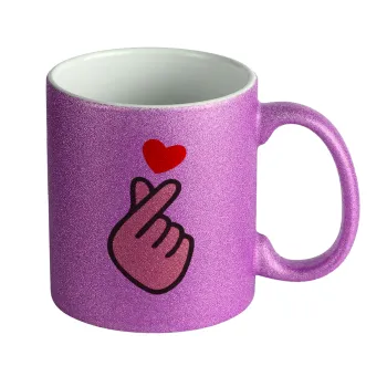 Korean Finger Heart, Κούπα Μωβ Glitter που γυαλίζει, κεραμική, 330ml