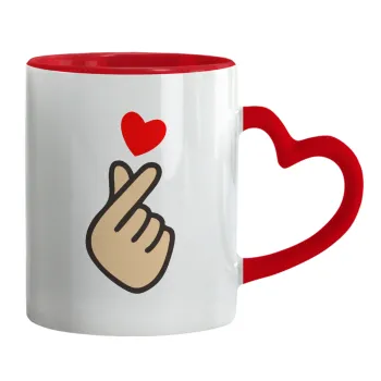 Korean Finger Heart, Mug heart red handle, ceramic, 330ml