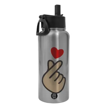 Korean Finger Heart, Μεταλλικό παγούρι θερμός Silver με καλαμάκι και χερούλι (Stainless steel), διπλού τοιχώματος, 950ml