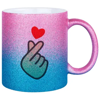 Korean Finger Heart, Κούπα Χρυσή/Μπλε Glitter, κεραμική, 330ml