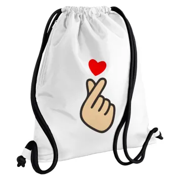 Korean Finger Heart, Τσάντα πλάτης πουγκί GYMBAG λευκή, με τσέπη (40x48cm) & χονδρά κορδόνια