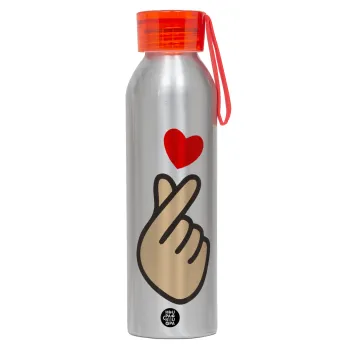 Korean Finger Heart, Aluminum Sports Bottle 650ml – Silver with Red Cap and Silicone Strap