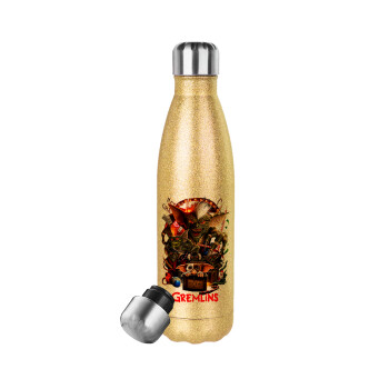 Gremlins, Glitter gold stainless steel thermos bottle, double-walled, 500ml