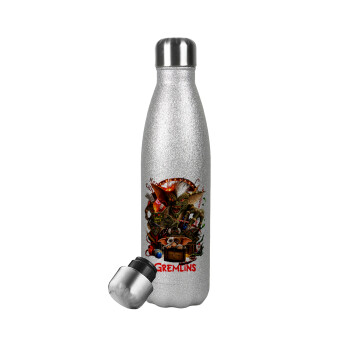 Gremlins, Metallic Glitter Silver Thermos Flask (Stainless steel), double-walled, 500ml
