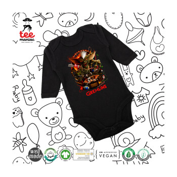 Gremlins, Μακρυμάνικο βρεφικό φορμάκι, 0-18 μηνών, ΜΑΥΡΟ, 100% Organic Cotton