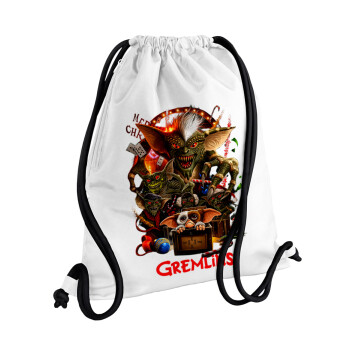 Gremlins, Backpack pouch GYMBAG white, with pocket (40x48cm) & thick cords