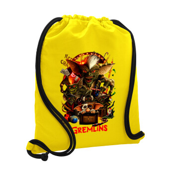 Gremlins, Τσάντα πλάτης πουγκί GYMBAG Κίτρινη, με τσέπη (40x48cm) & χονδρά κορδόνια