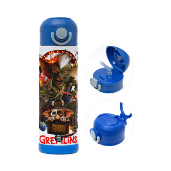 Gremlins, Παιδικό παγούρι θερμό, ανοξείδωτο, με καλαμάκι ασφαλείας, ΜΠΛΕ (500ml)