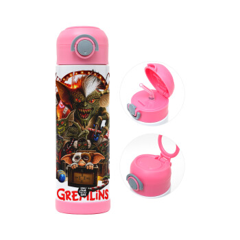 Gremlins, Children's hot water bottle, stainless steel, with safety straw, PINK (500ml)