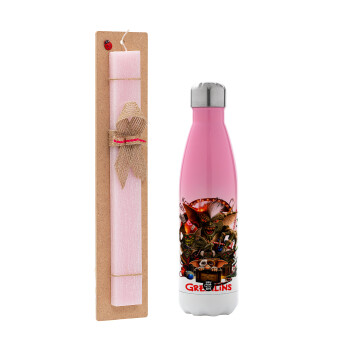 Gremlins, Πασχαλινή Λαμπάδα με Μεταλλικό παγούρι θερμός Ροζ/Λευκό (Stainless steel), διπλού τοιχώματος, 500ml & κερί αρωματικό πλακέ (30cm) (ΡΟΖ)