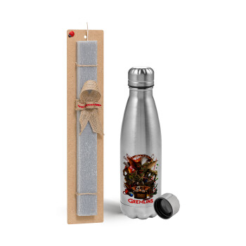 Gremlins, Easter Set, metallic Inox water bottle (750ml) & aromatic flat Easter candle (30cm) (GRAY)