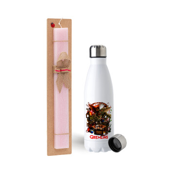 Gremlins, Πασχαλινή Λαμπάδα με μεταλλικό παγούρι ανοξείδωτο (750ml) & κερί αρωματικό πλακέ (30cm) (ΡΟΖ)