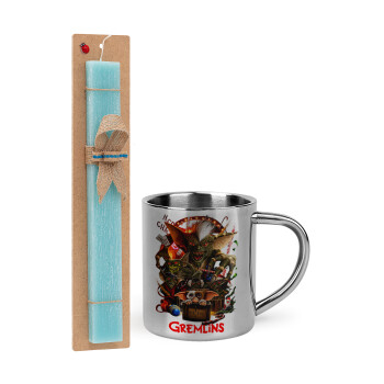 Gremlins, Easter Set, metallic thermal cup (300ml) & aromatic flat Easter candle (30cm) (TURQUOISE)