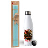 Easter Set, metallic stainless steel water bottle (750ml) & aromatic flat Easter candle (30cm) (TURQUOISE)