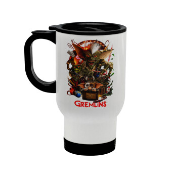 Gremlins, Stainless steel travel mug with lid, double wall white 450ml